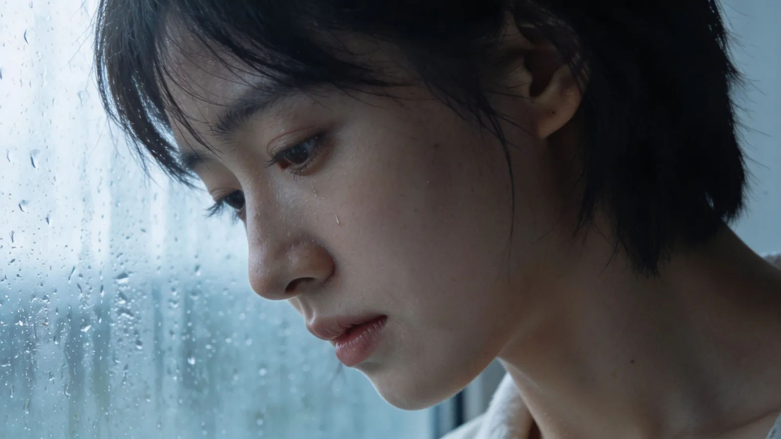 Sorrowful figure by rain-streaked window, muted portrait