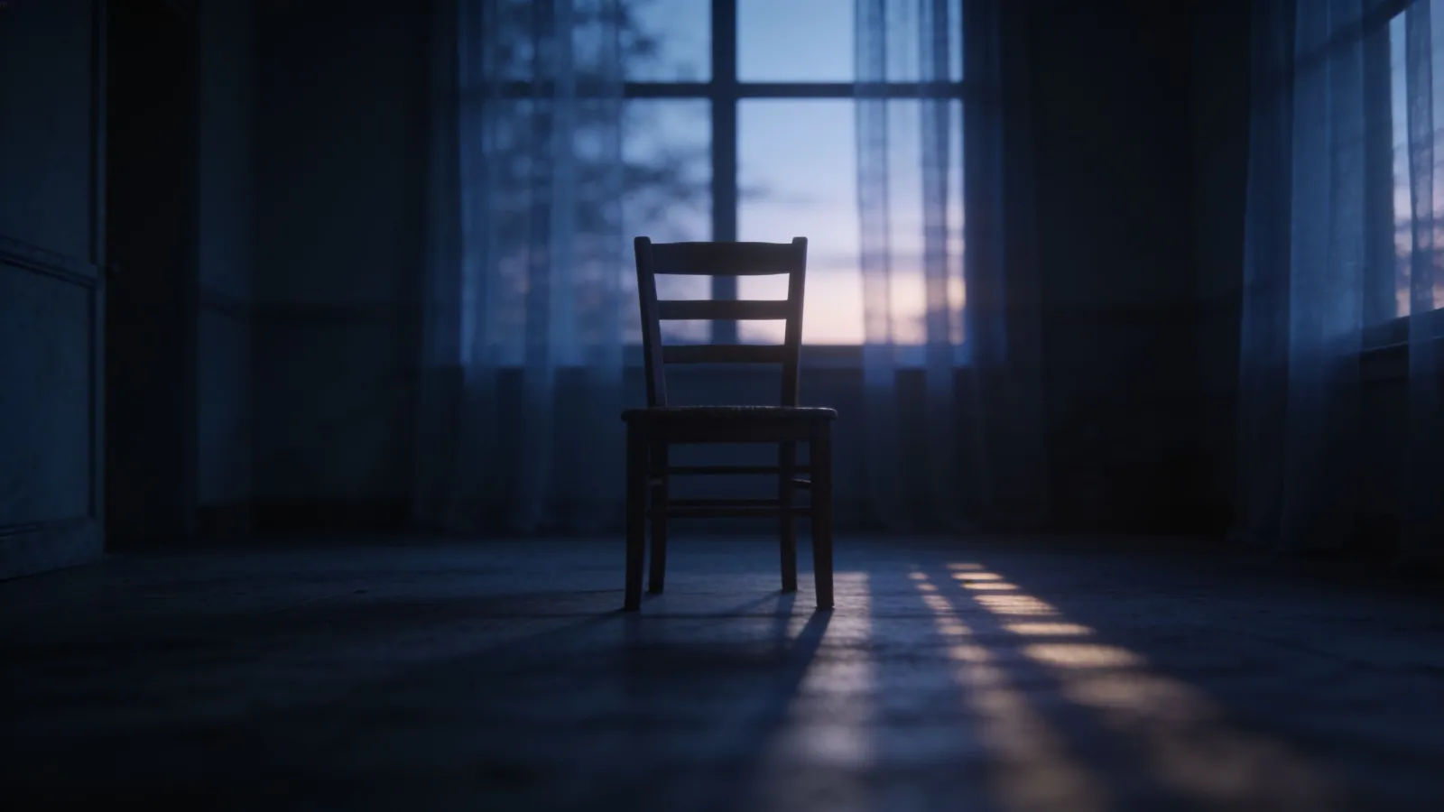 Empty dim room at dusk with lone chair