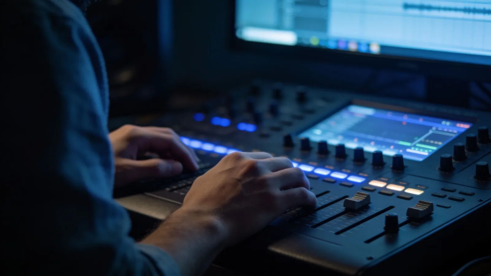 Hands on dim console with faint blue audio UI