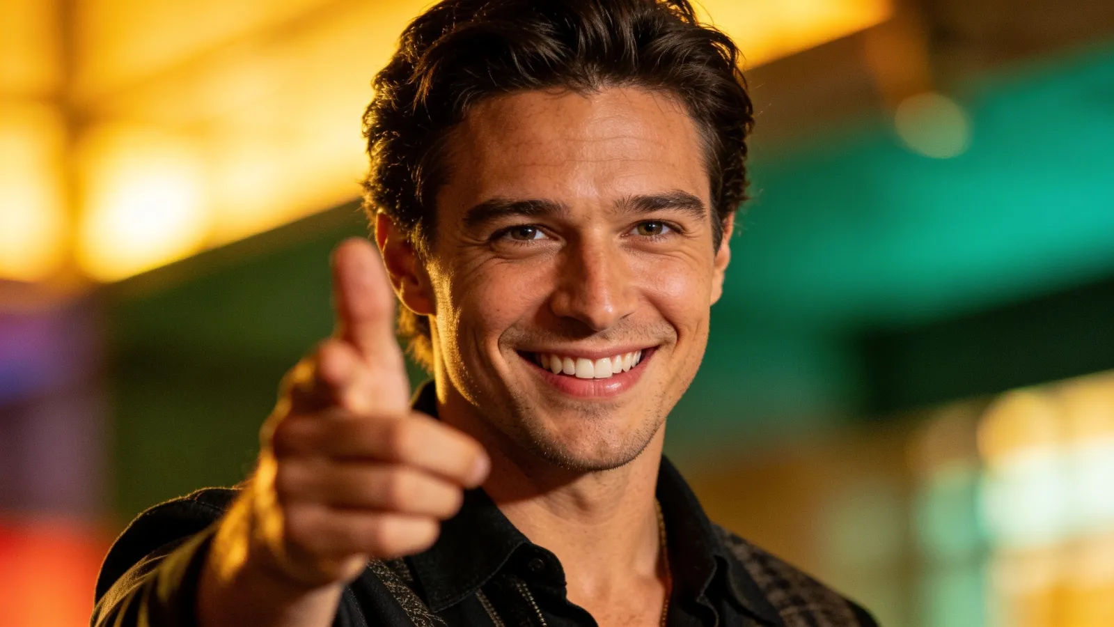 Charismatic presenter gesturing with confident smile