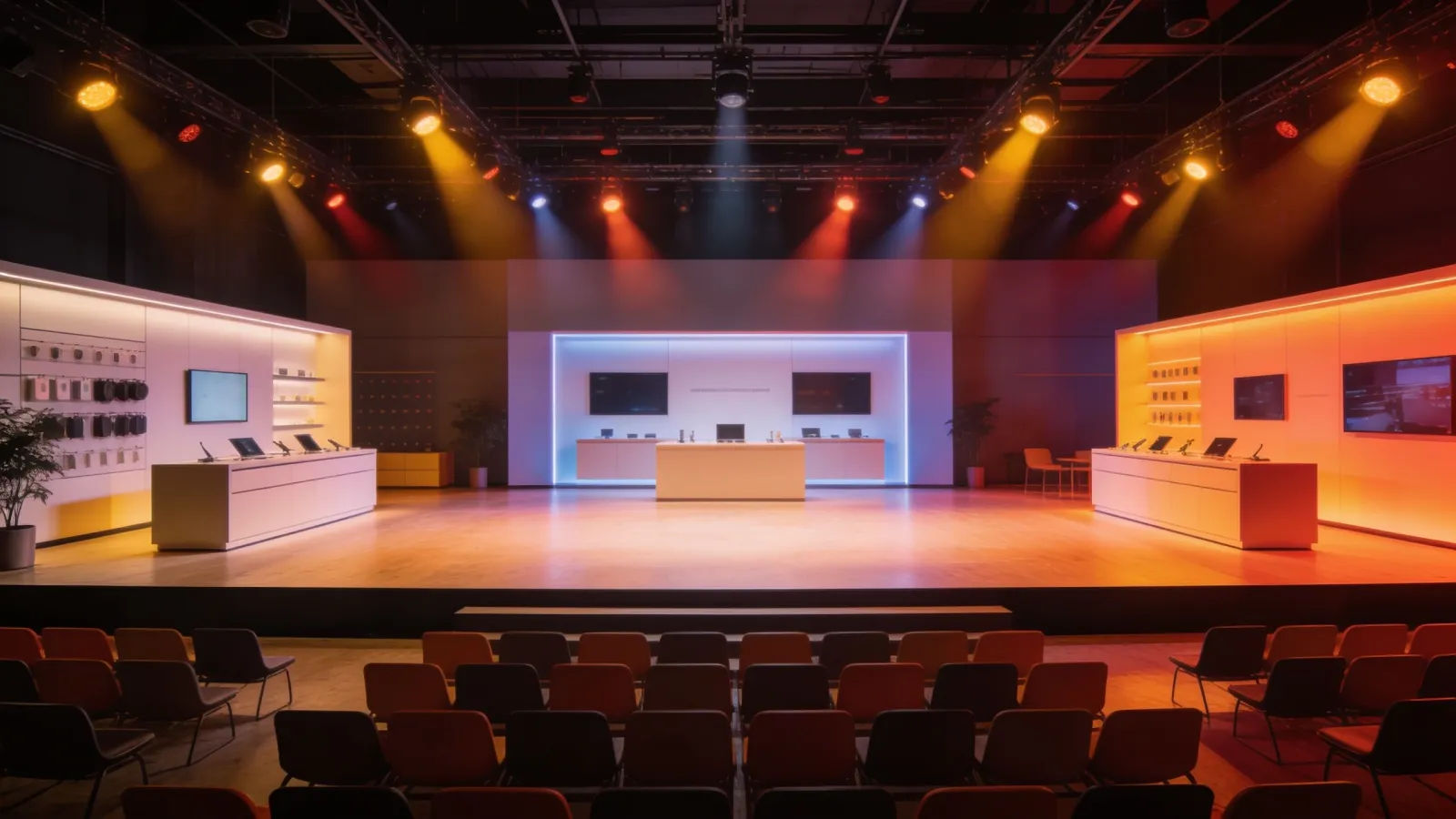 Bright product showroom demo stage with spotlights