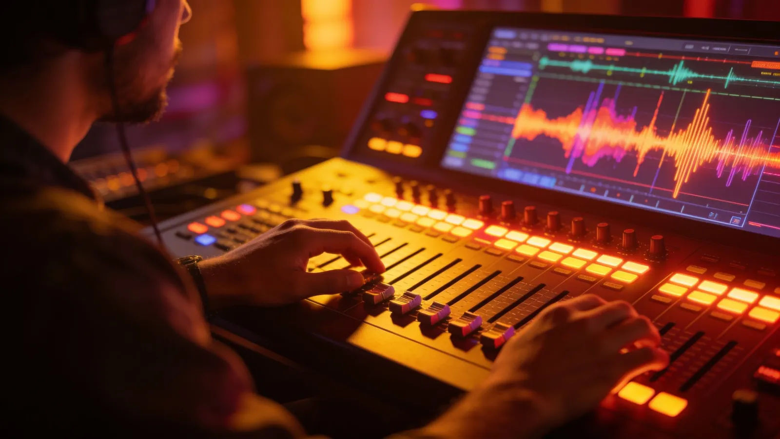 Hands at bright console with lively audio UI