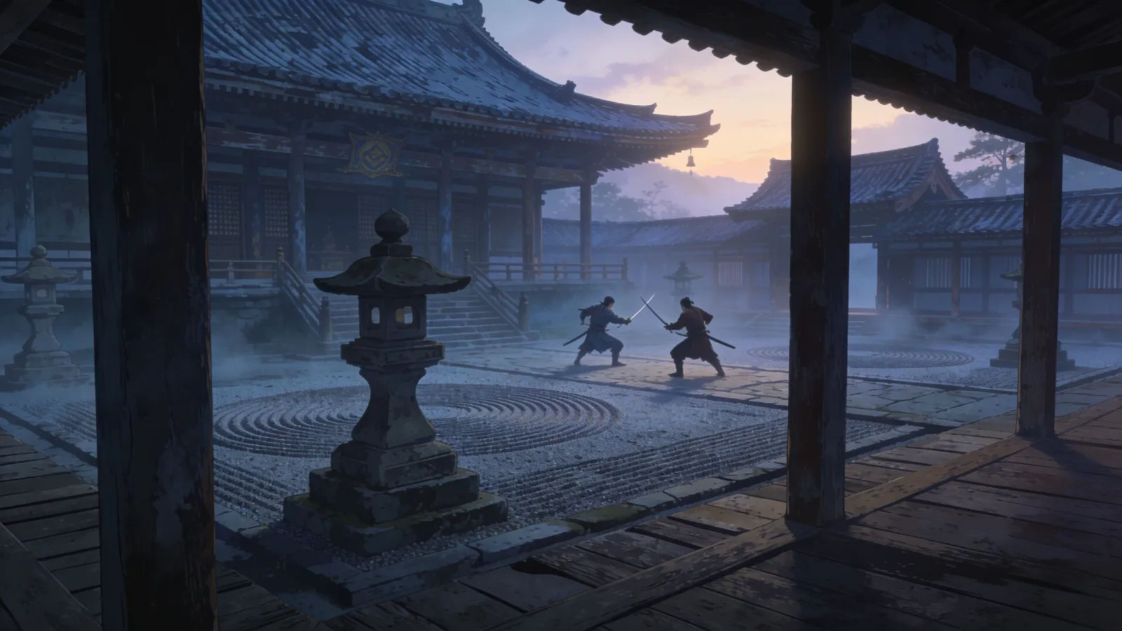 Misty feudal temple courtyard at dawn, wide