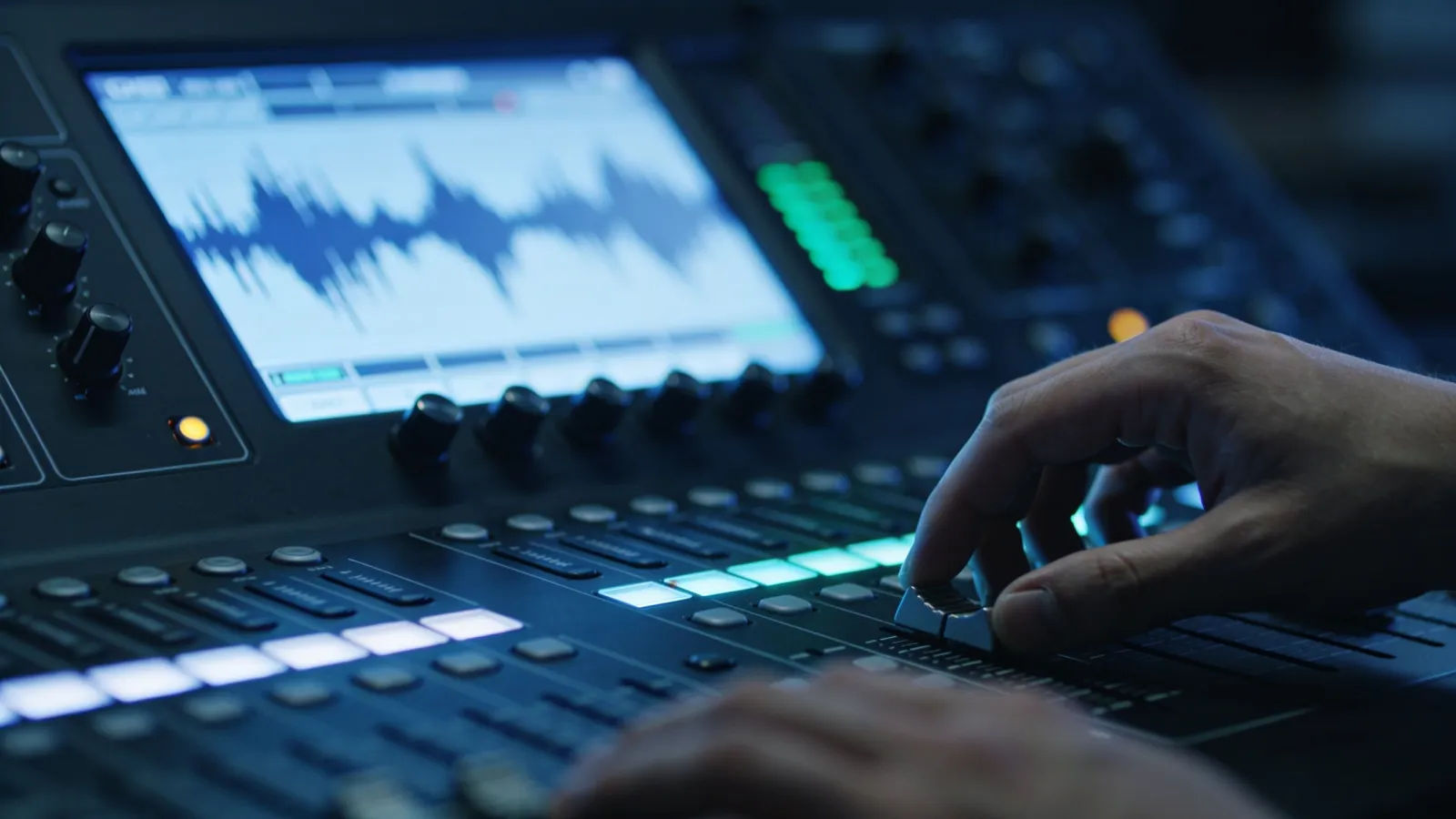 Hands at console with ink-wash waveform UI