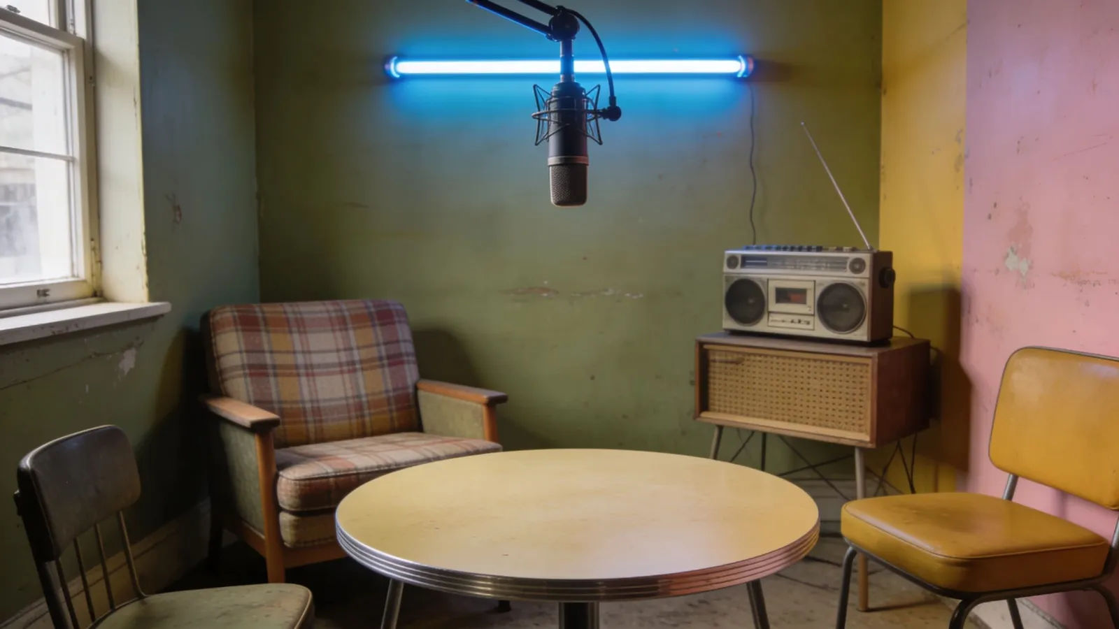 Quirky comedy skit set with a neon accent