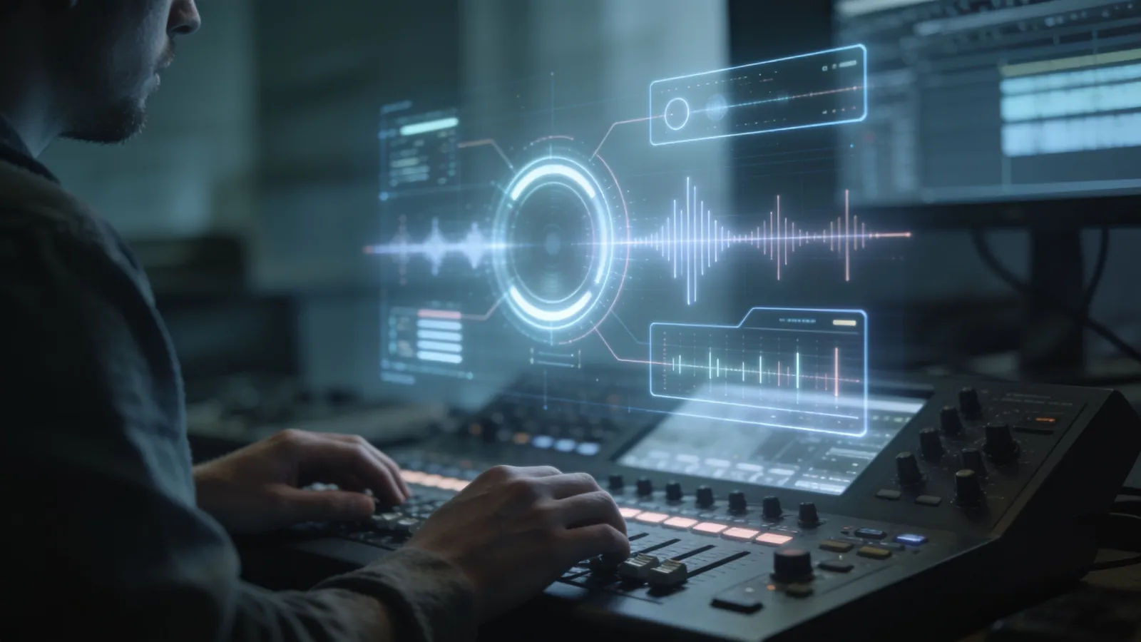 Hands at a console with a cool glowing audio interface