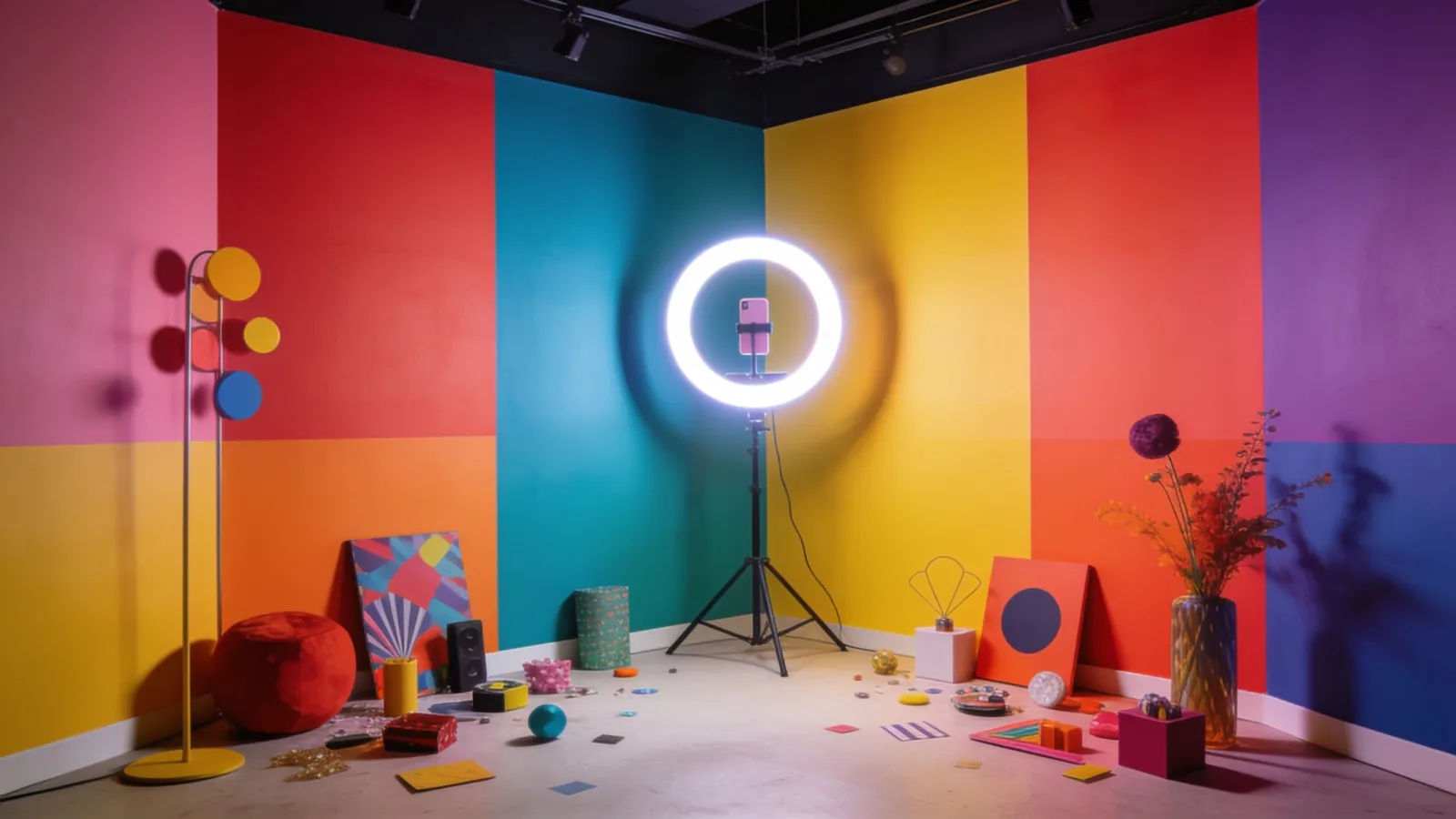 Vibrant social-media studio corner with ring light