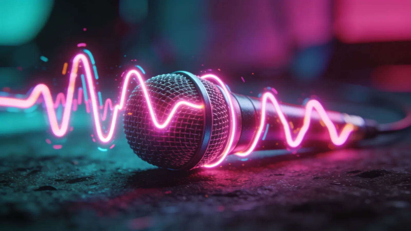 Microphone with bouncy pink and cyan waveform
