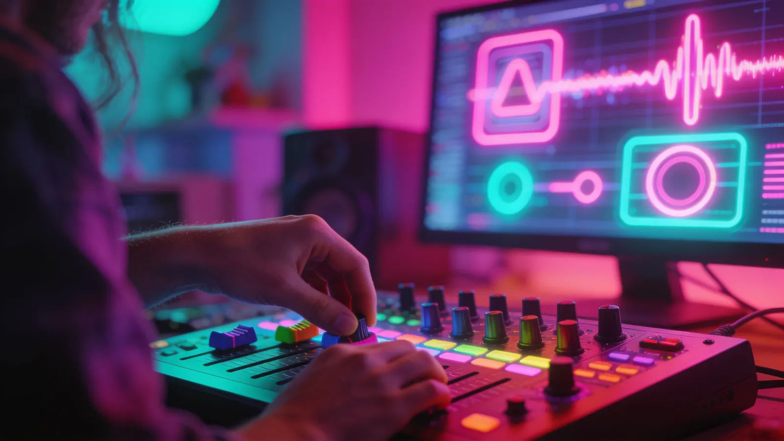 Hands at a colorful console, neon audio UI