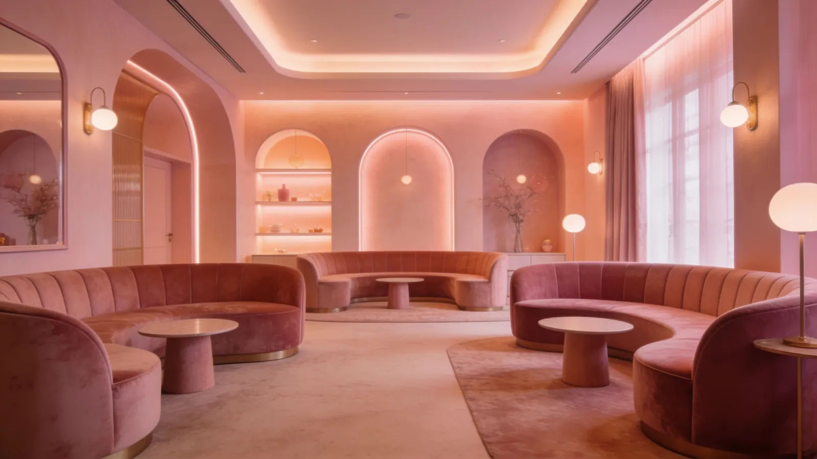 Chic warm lounge with rosy light and velvet seating