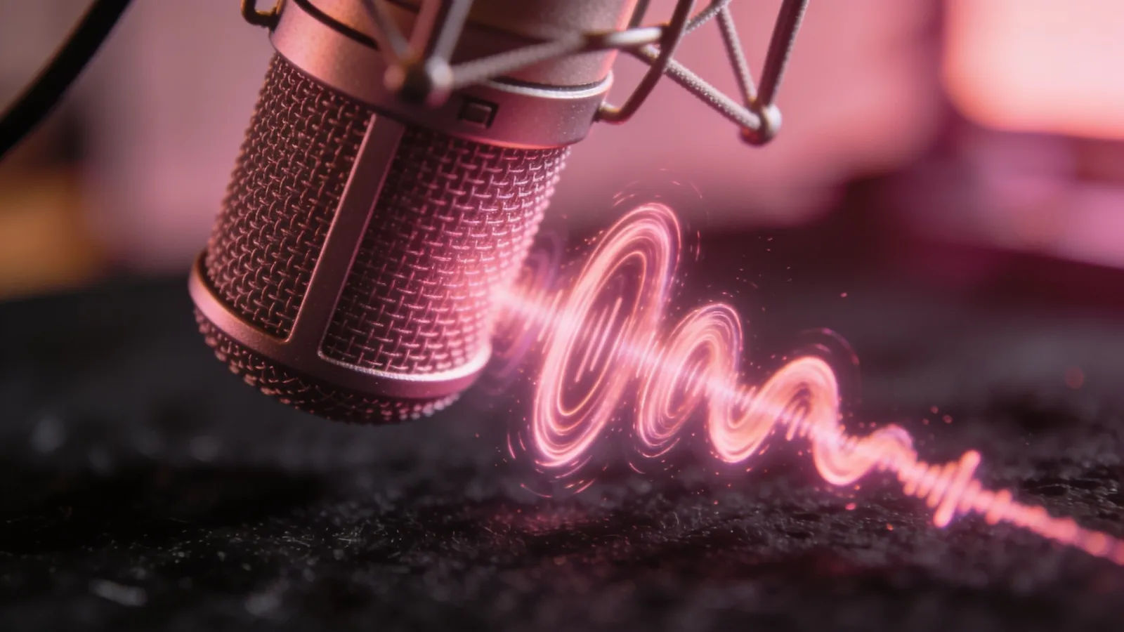 Playful rose-toned soundwave beside a studio microphone