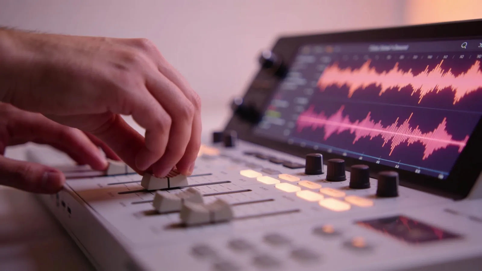 Hands on console with warm rosy waveform graphics