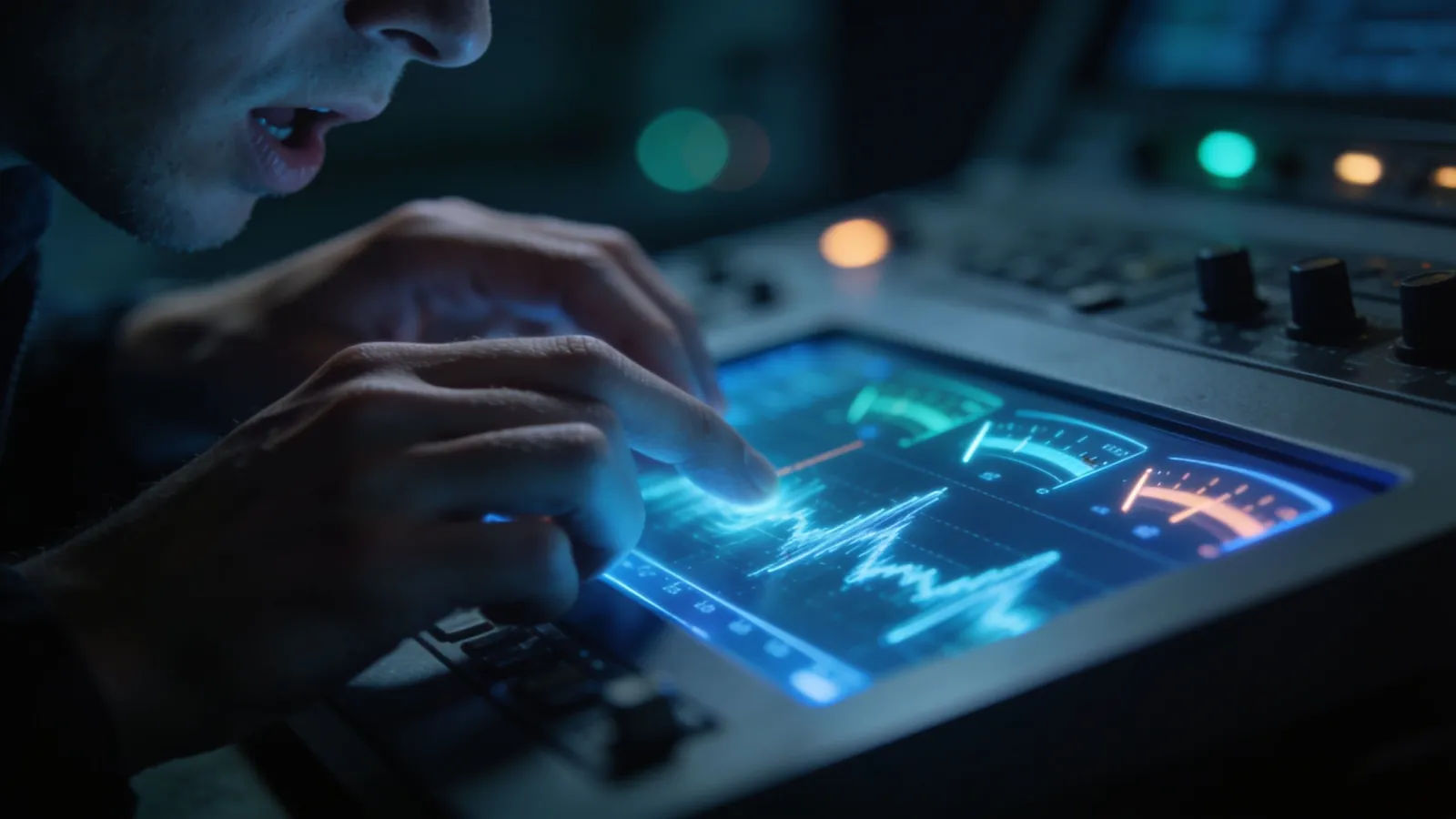 Tense hands at dim console in cold blue light