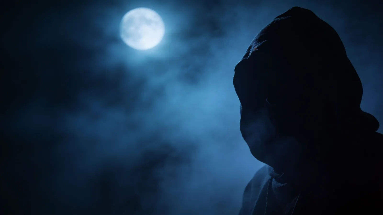 Shadowed hooded figure half-hidden in fog