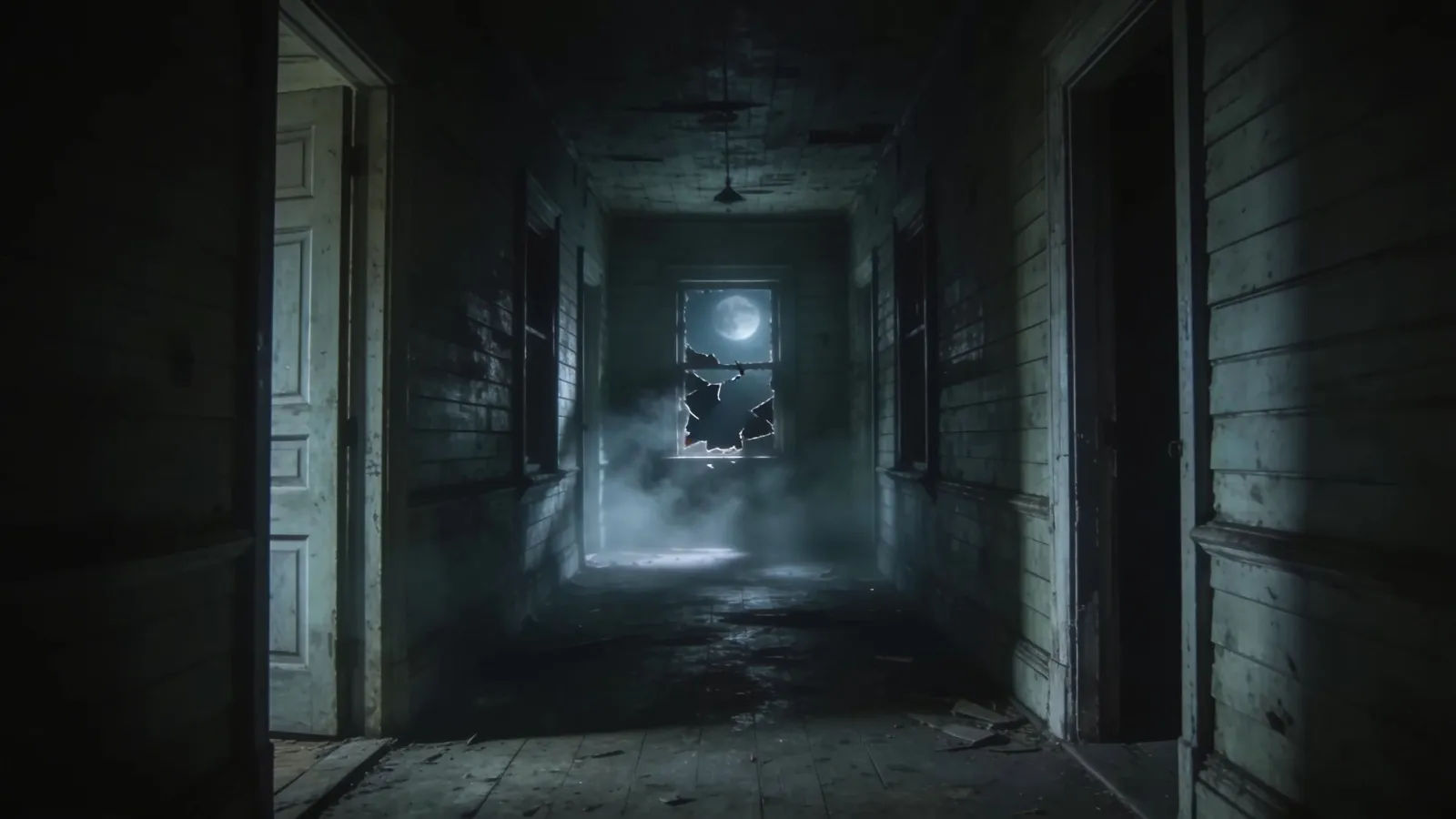 Dark fog-filled corridor of abandoned house