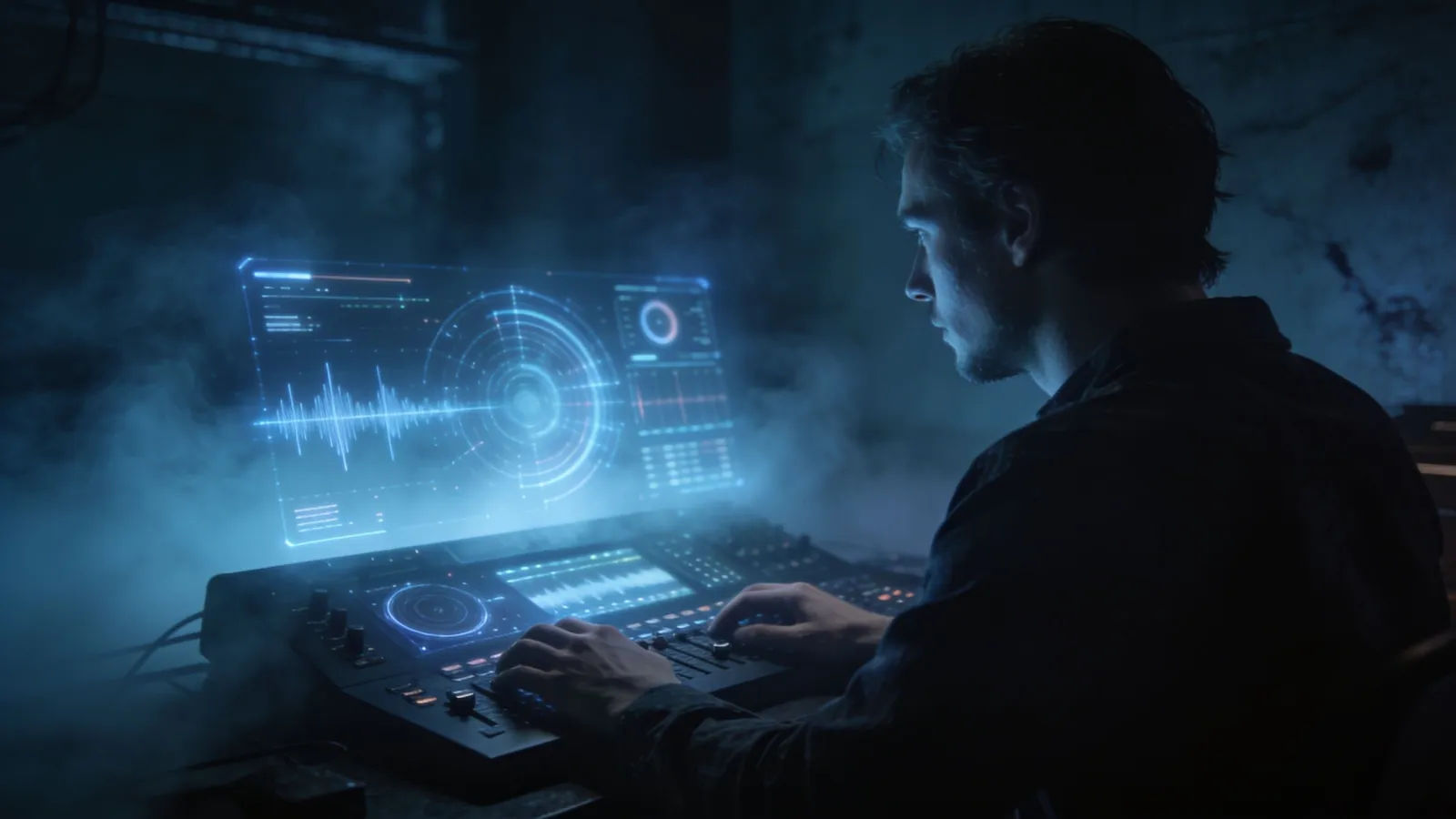 Hands on dark console in dim fog-lit room