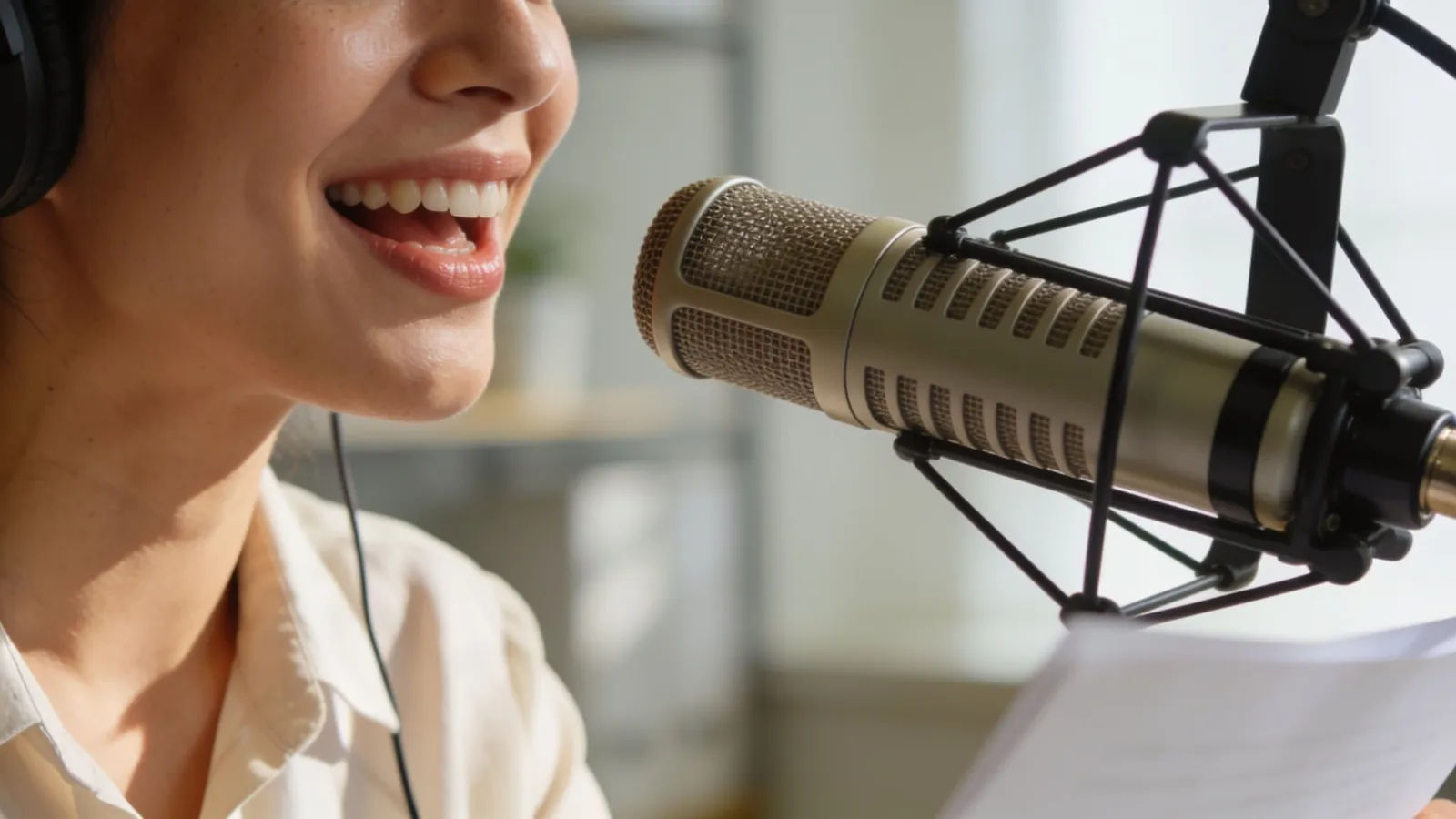 Friendly adult speaking into vintage desk microphone
