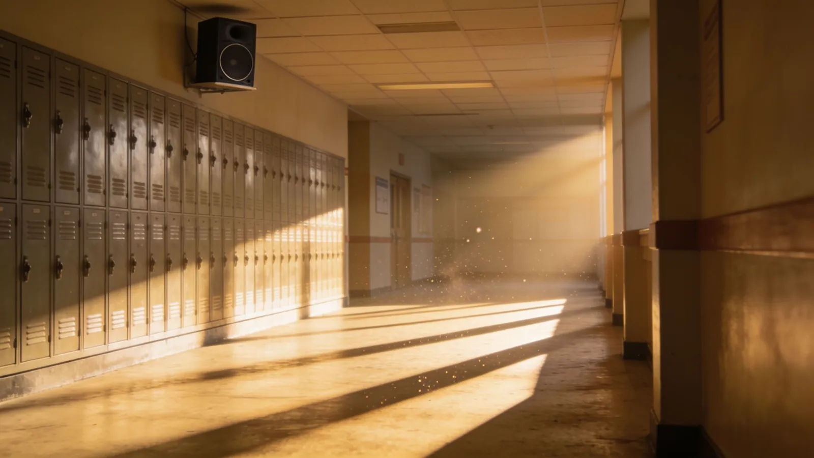 Empty school corridor with lockers in morning light