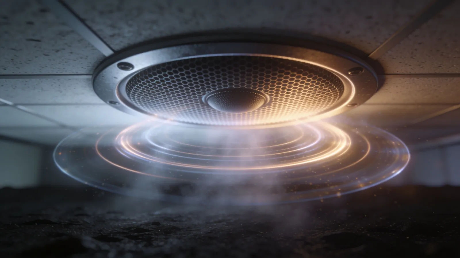 Loudspeaker grille with glowing sound ripples, near-black