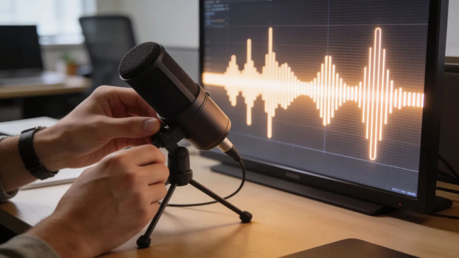 Hands at office mic and glowing waveform screen