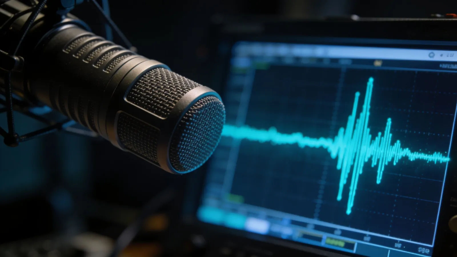 Microphone beside crisp cyan oscilloscope waveform
