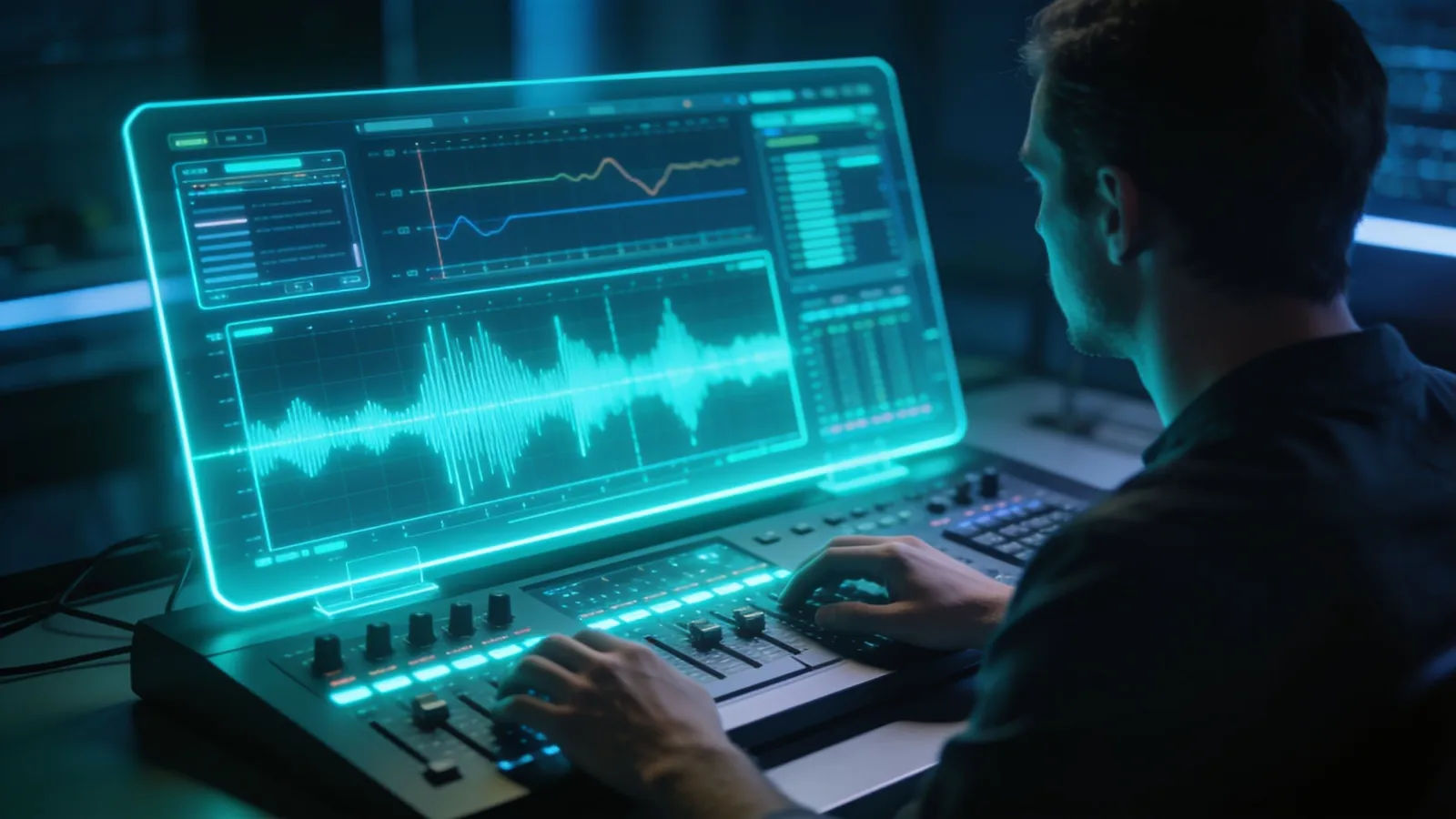 Hands at console with cyan technical audio graphs
