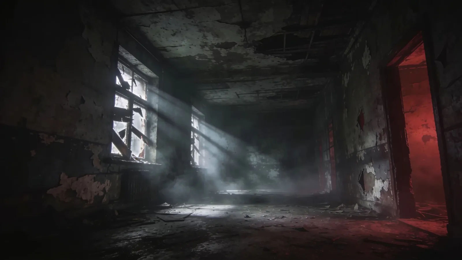 Dark foggy abandoned interior, horror-trailer mood, wide