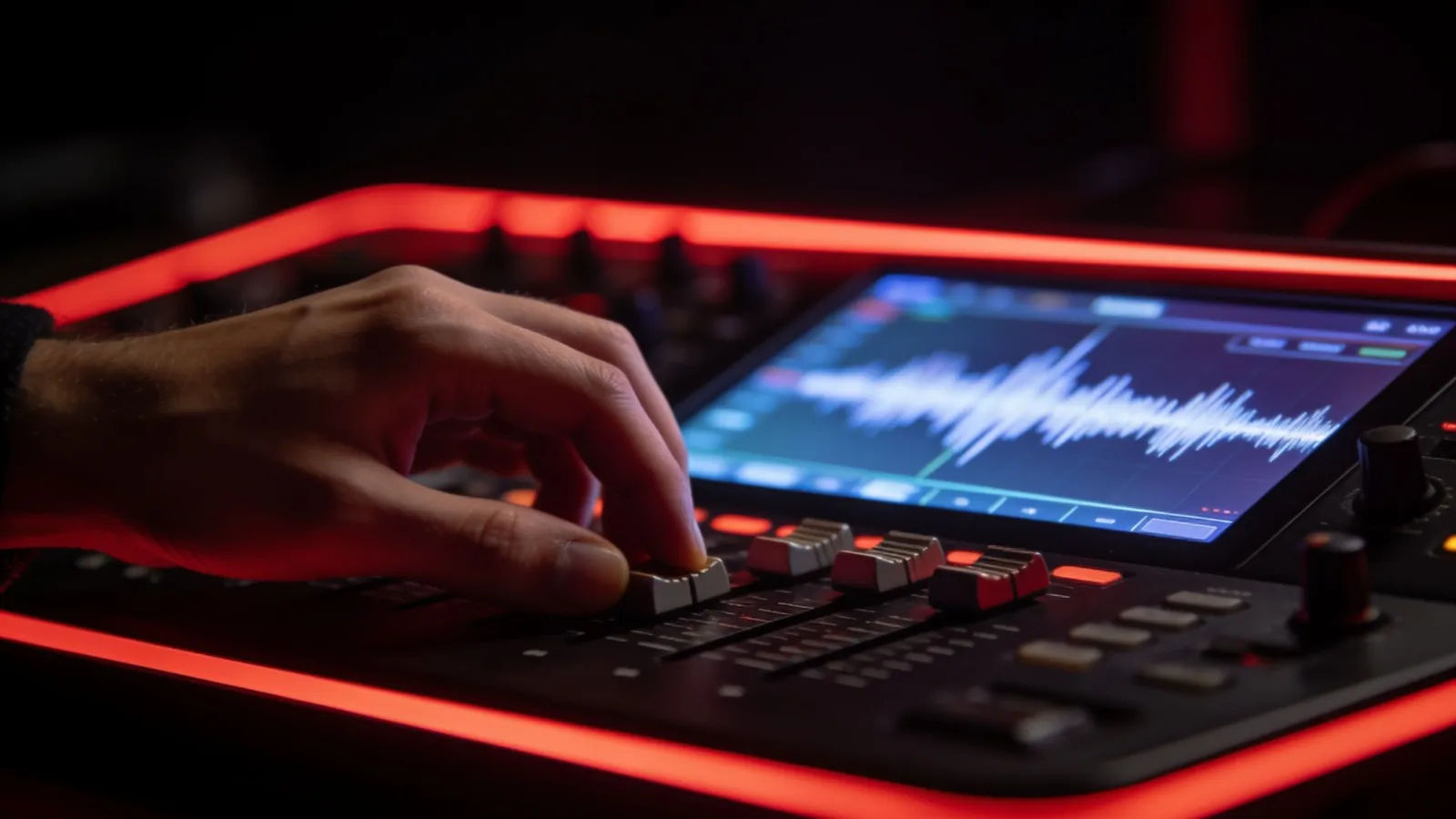 Hands at dark console with high-amplitude waveform