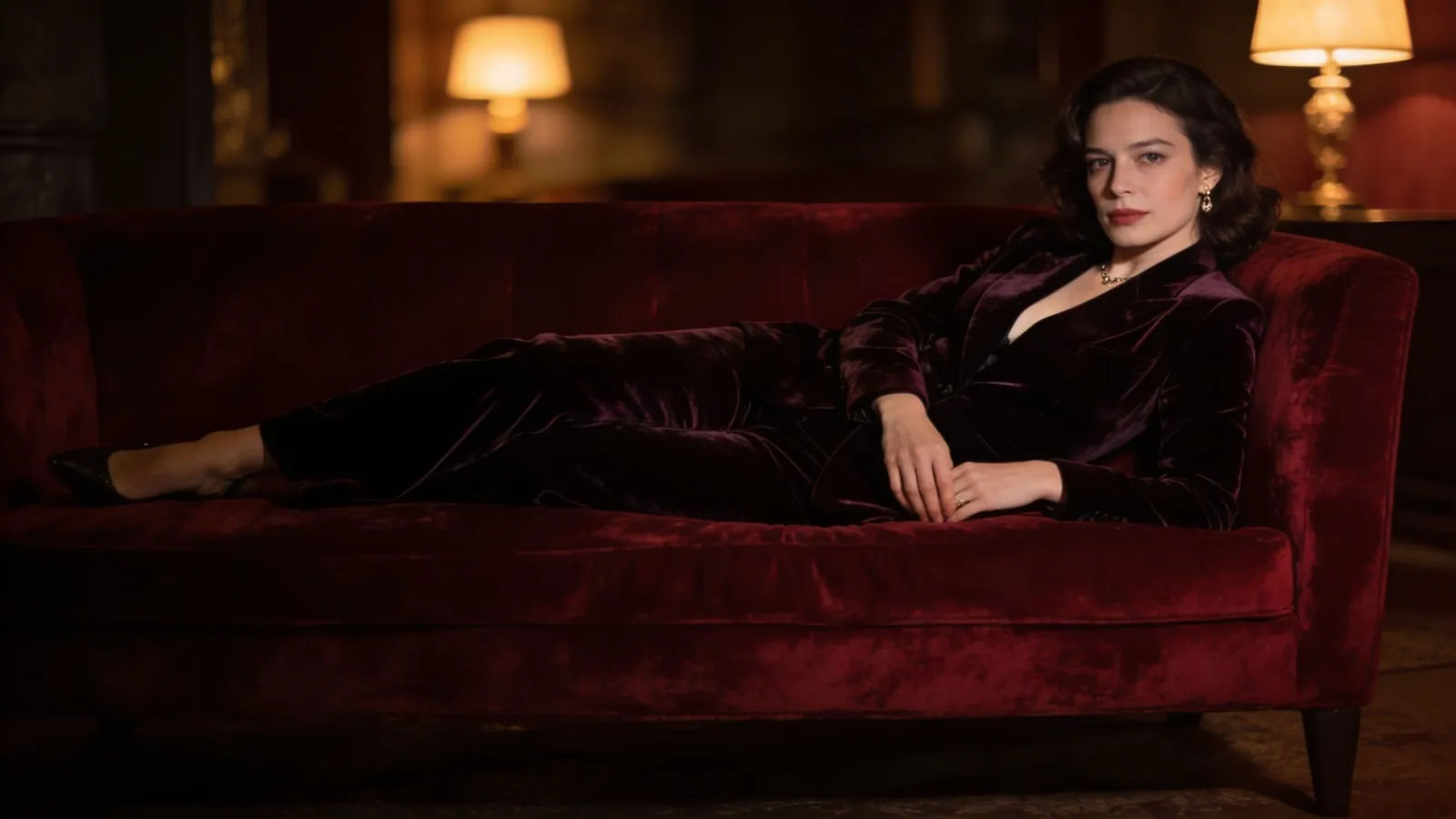 Poised elegantly dressed figure in a dim lounge
