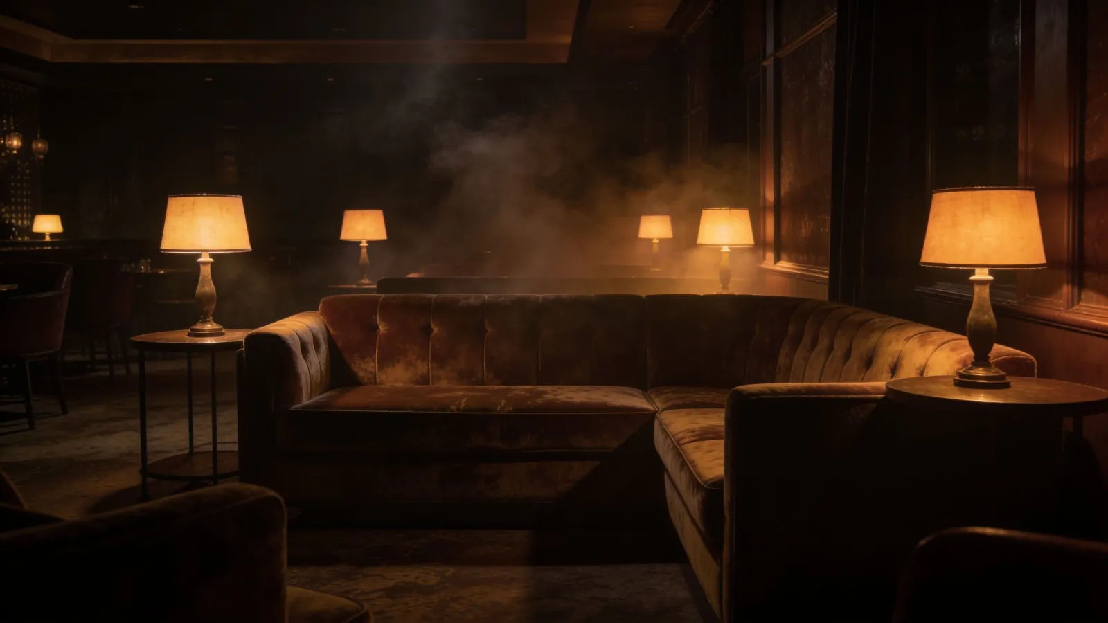 Empty dim velvet late-night lounge