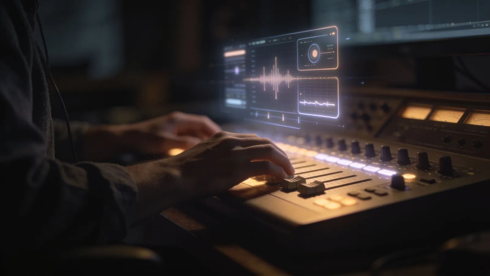 Hands at a softly lit console with a glowing audio interface