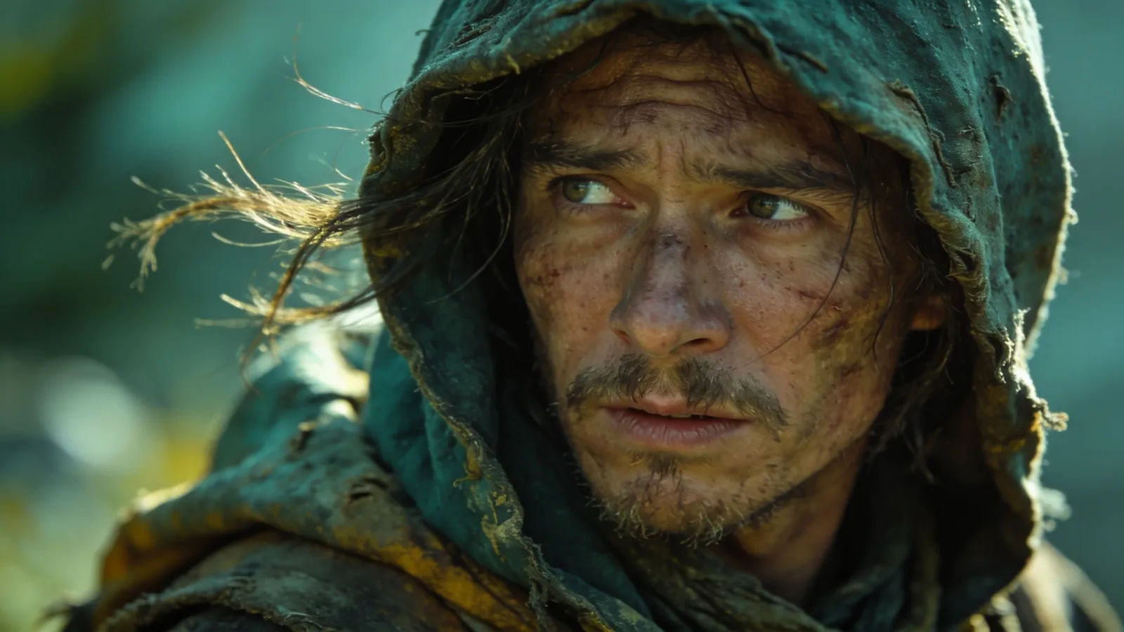 Weathered hooded traveler with a curious distant gaze