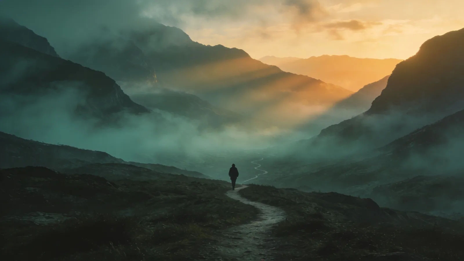 Lone traveler crossing a misty mountain valley
