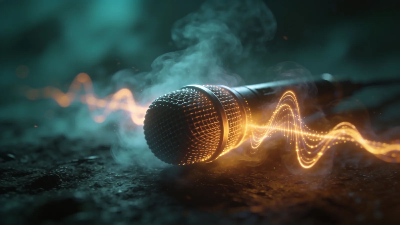 Microphone with misty drifting exploratory glowing waveform