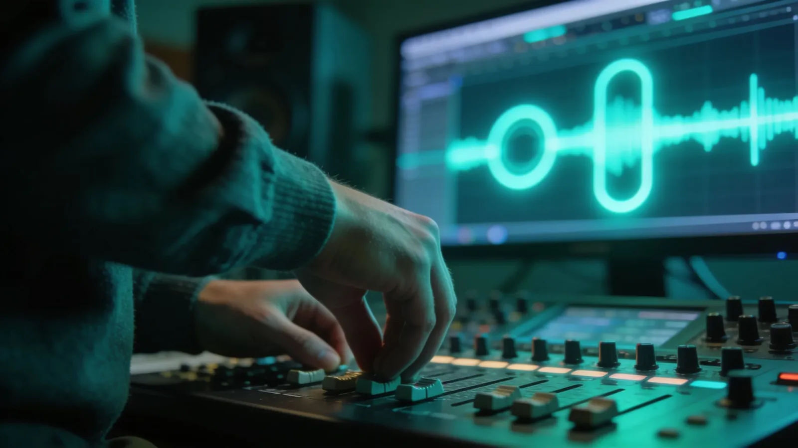 Hands at a console, cool atmospheric audio UI