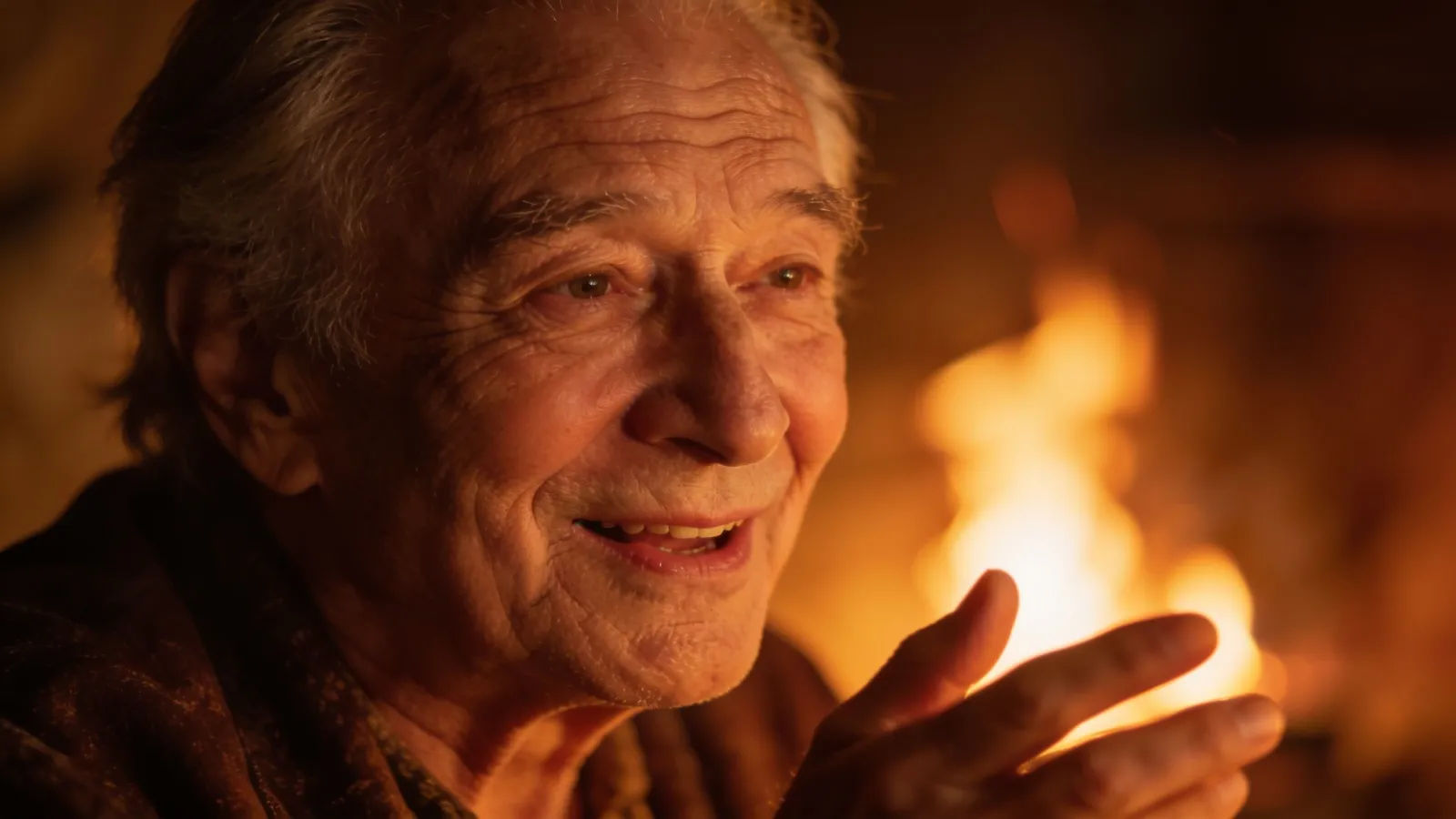Warm elderly storyteller mid-sentence in firelight glow