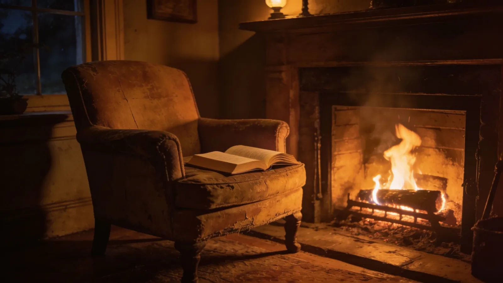 Cozy fireside armchair and open book at night