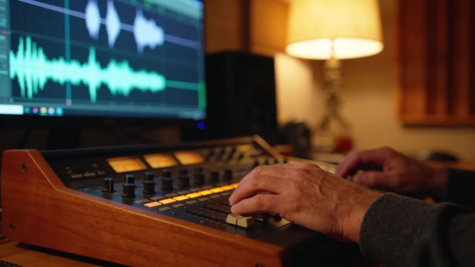 Mature hands at warm wooden audio console screen