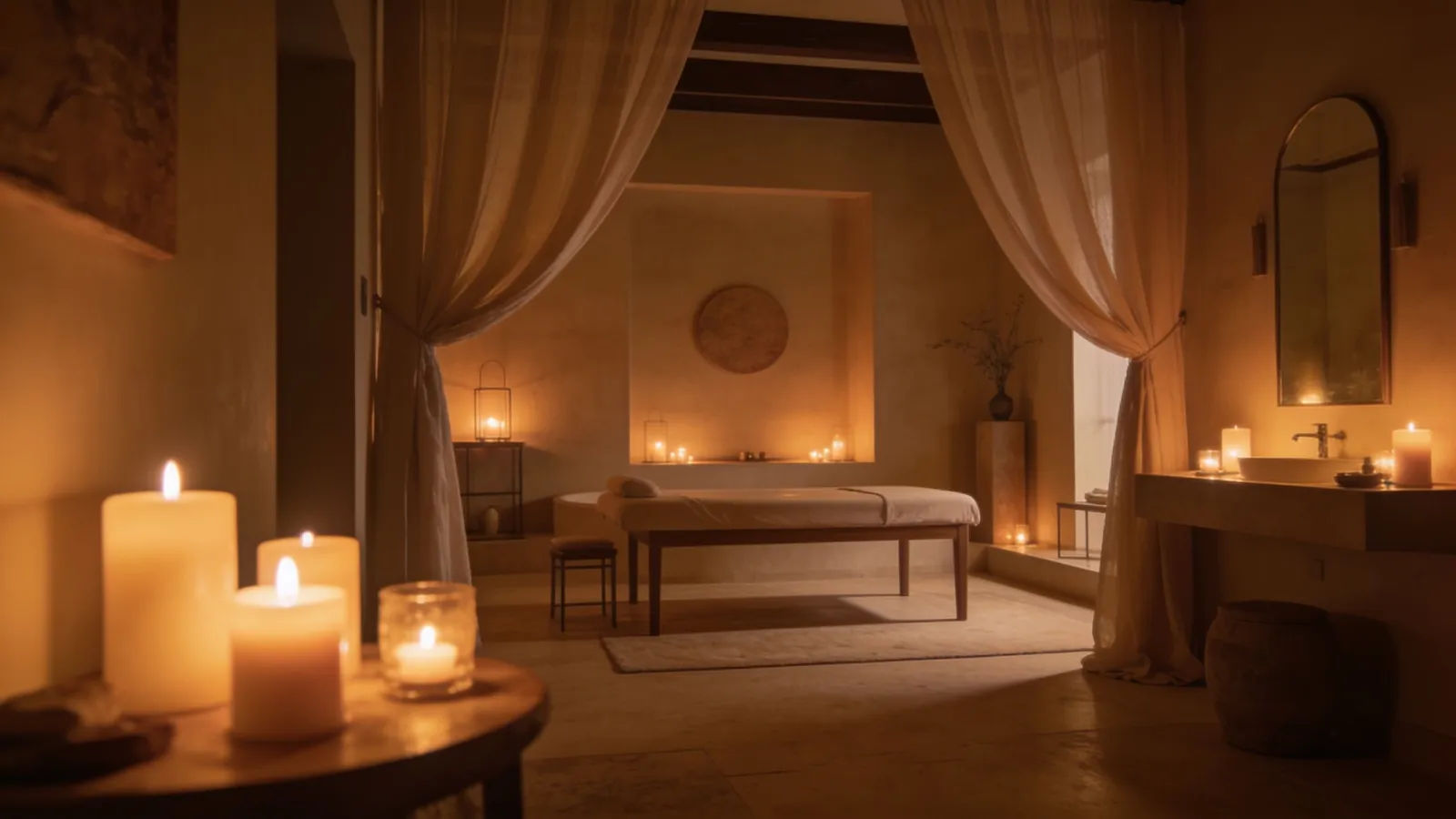 Serene luxury spa interior with warm candle glow