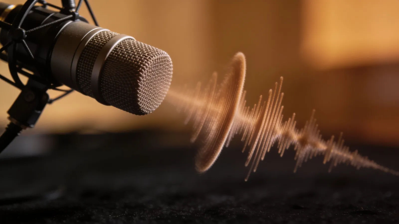 Smooth amber velvet soundwave beside a studio microphone