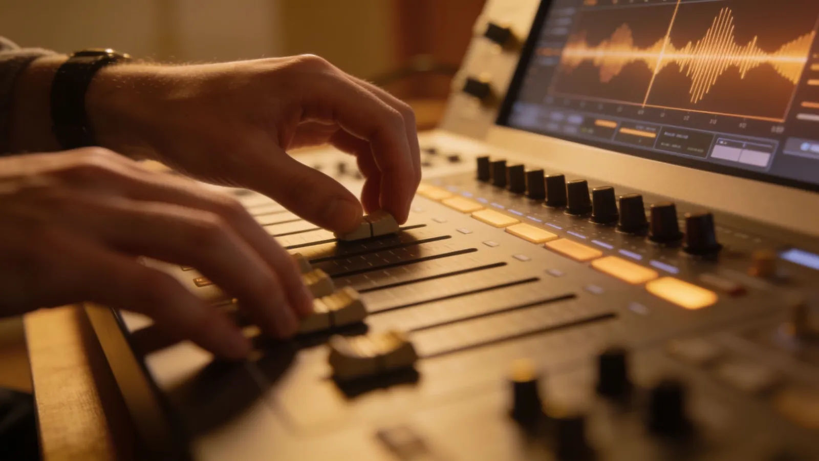 Hands on console with smooth warm waveform graphics