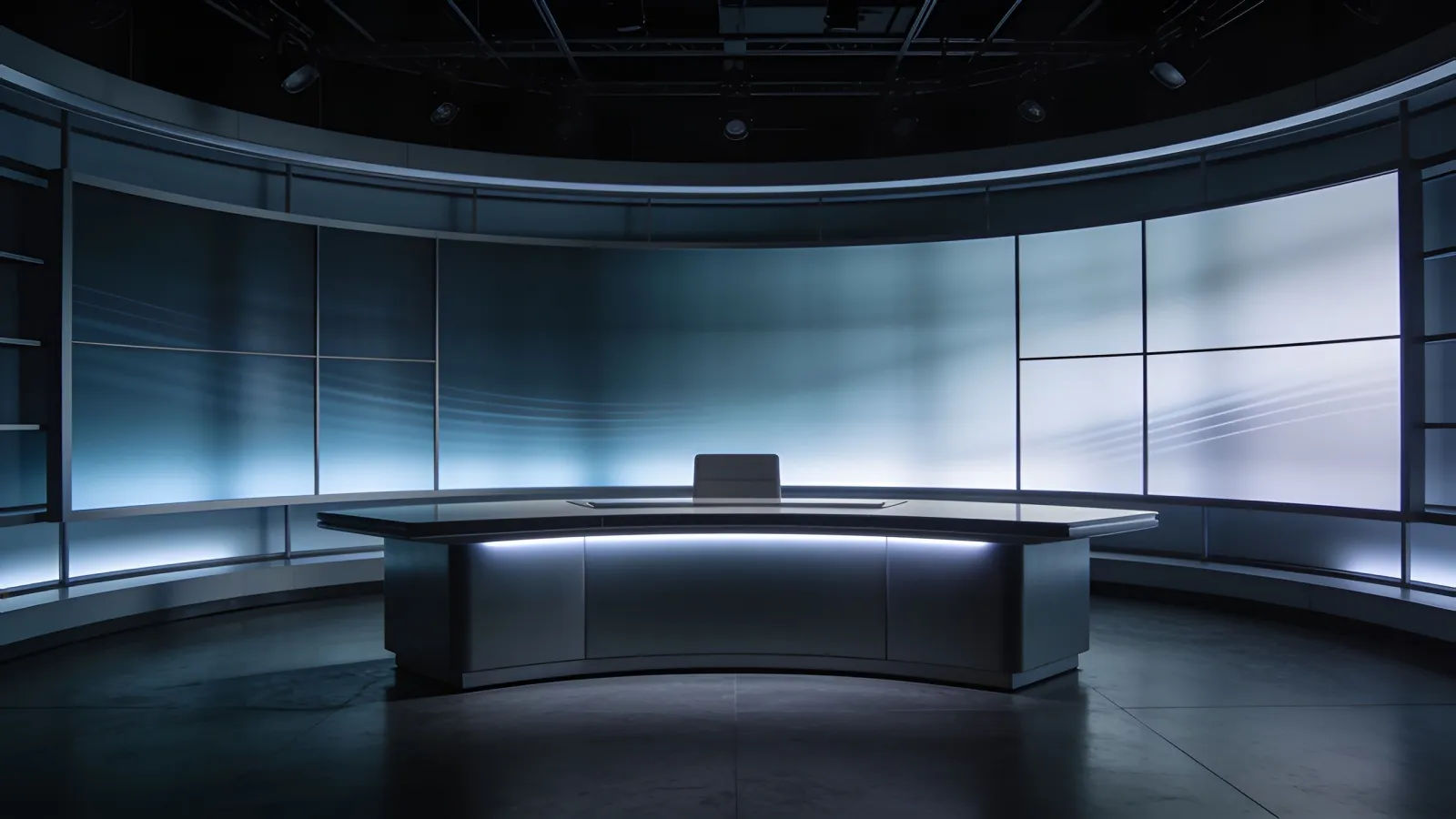 Sleek modern broadcast studio set at low light