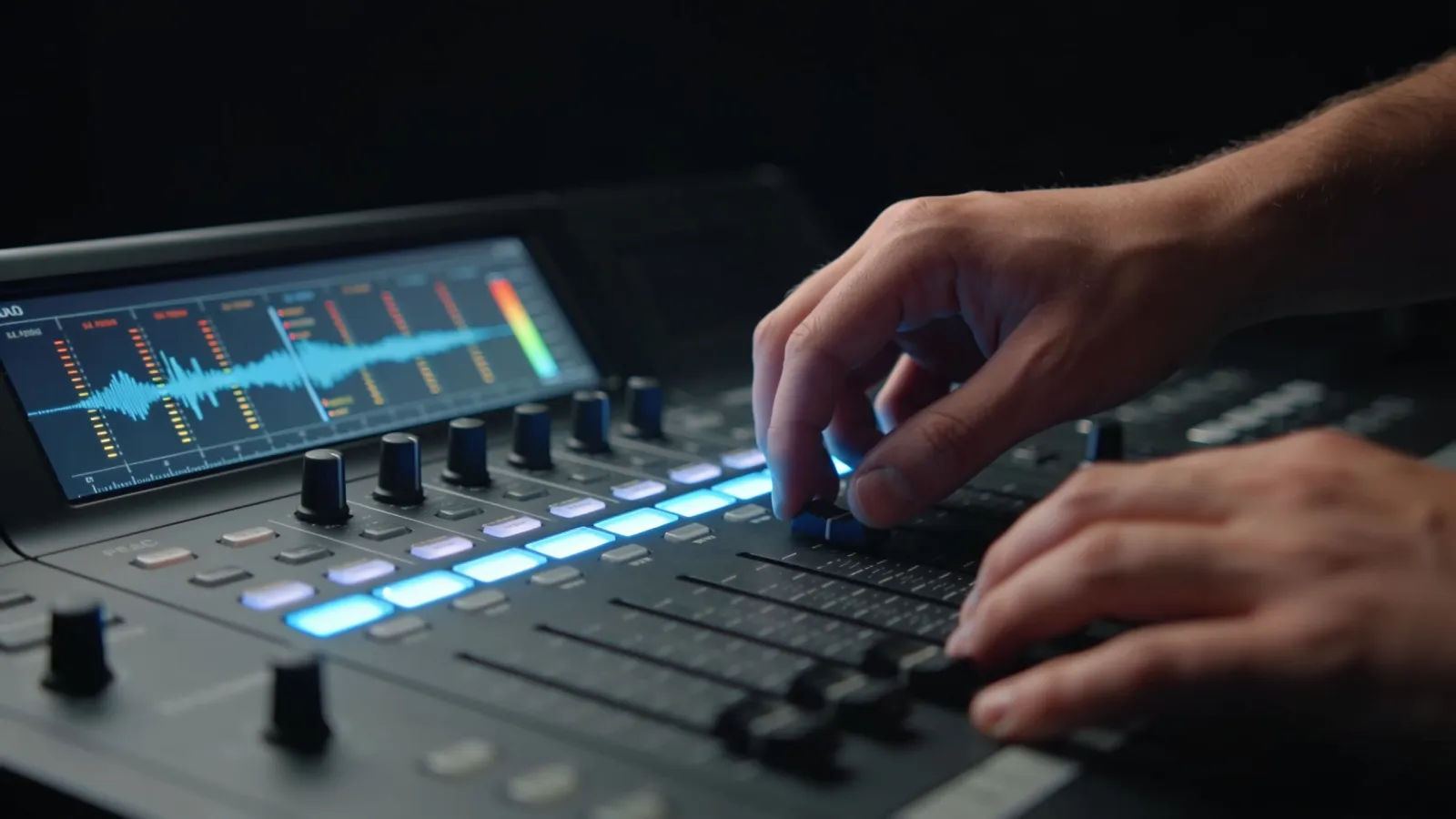 Steady hands at clean modern audio console