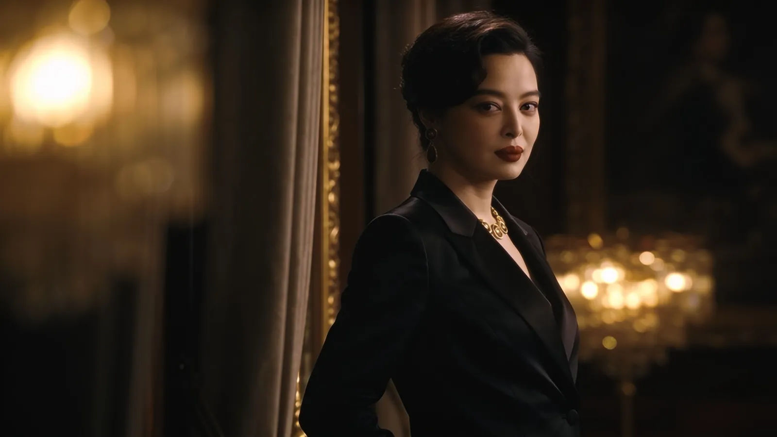 Poised elegant figure in evening outfit, golden portrait