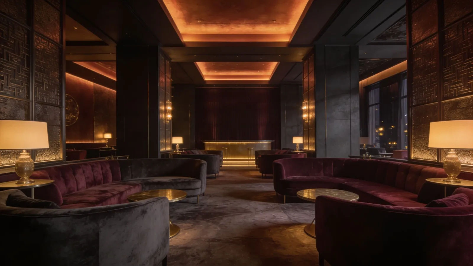 Sophisticated dim lounge with warm amber lighting