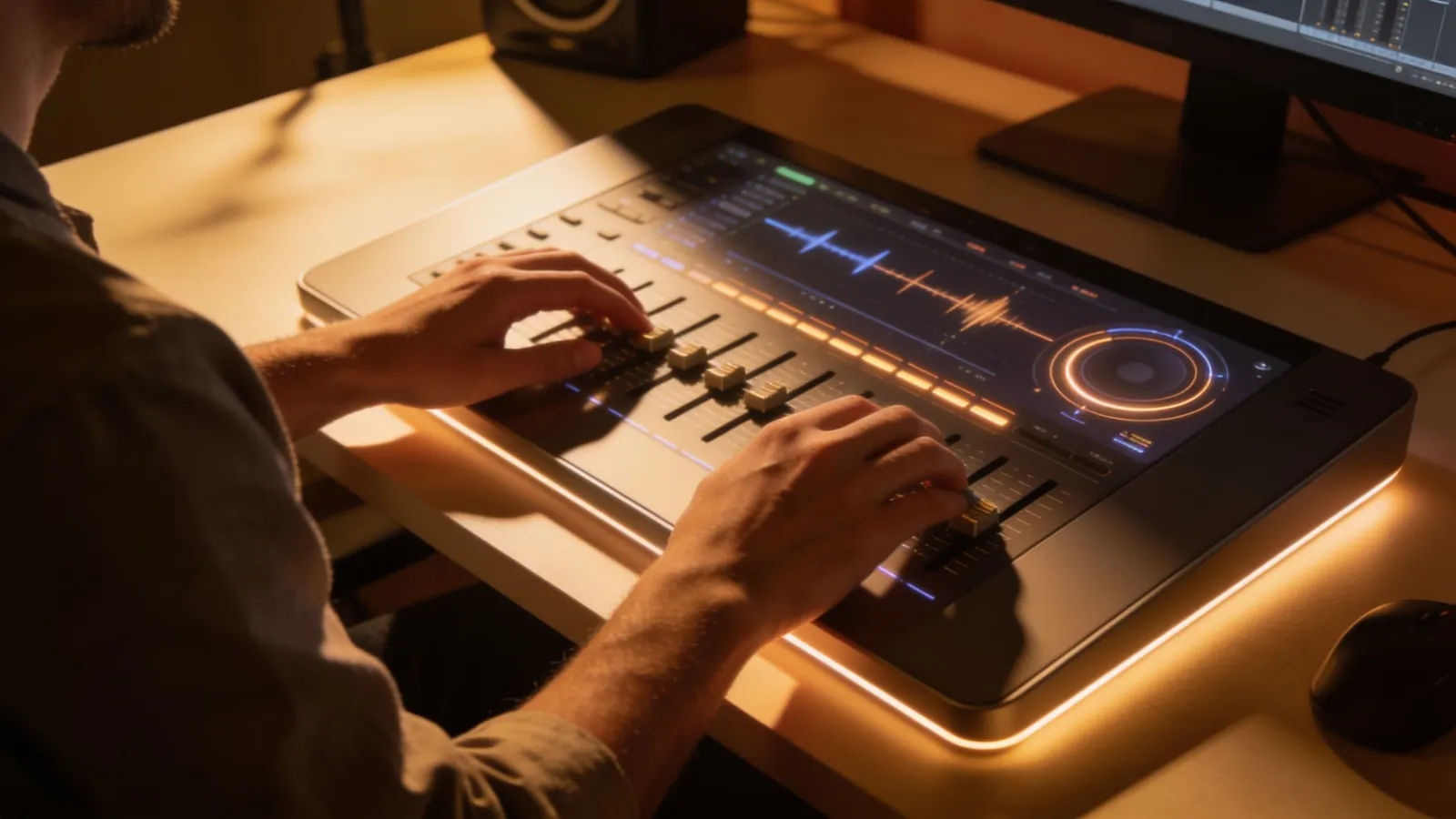 Hands on sleek console with glowing audio UI