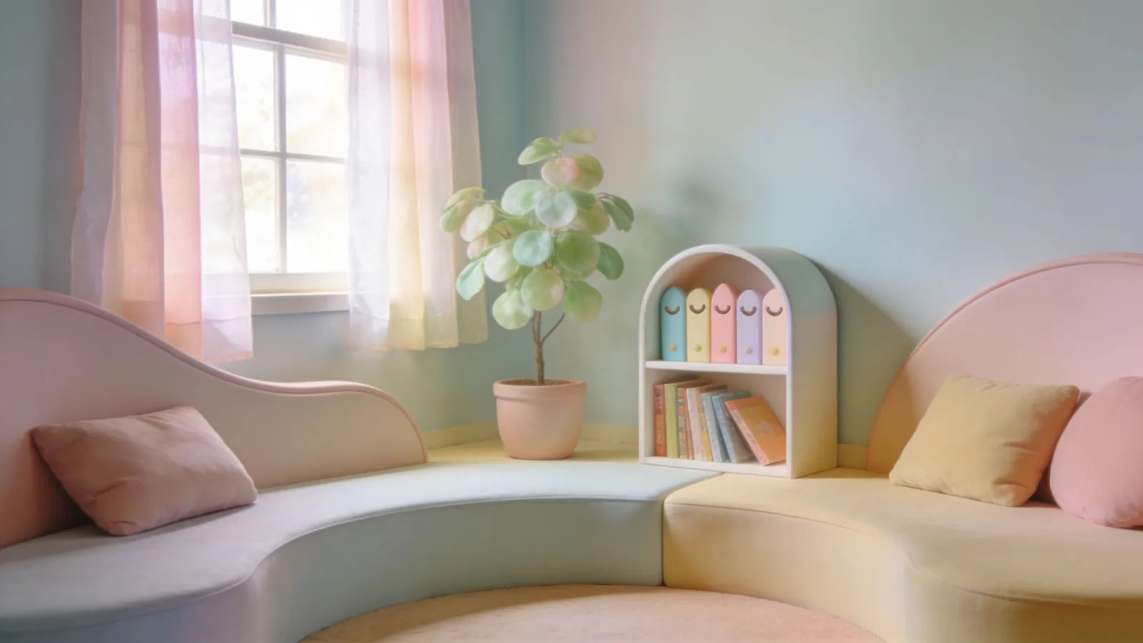 Cozy whimsical pastel set with warm lighting