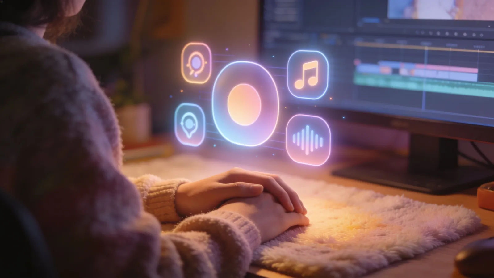 Hands at cozy desk with playful rounded UI