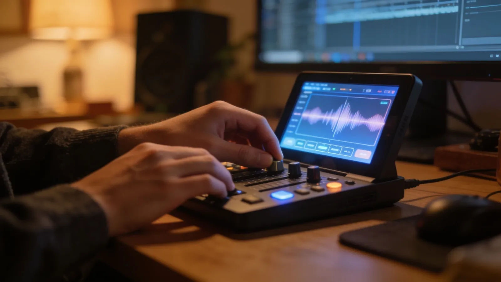 Hands at compact console with soft waveform UI