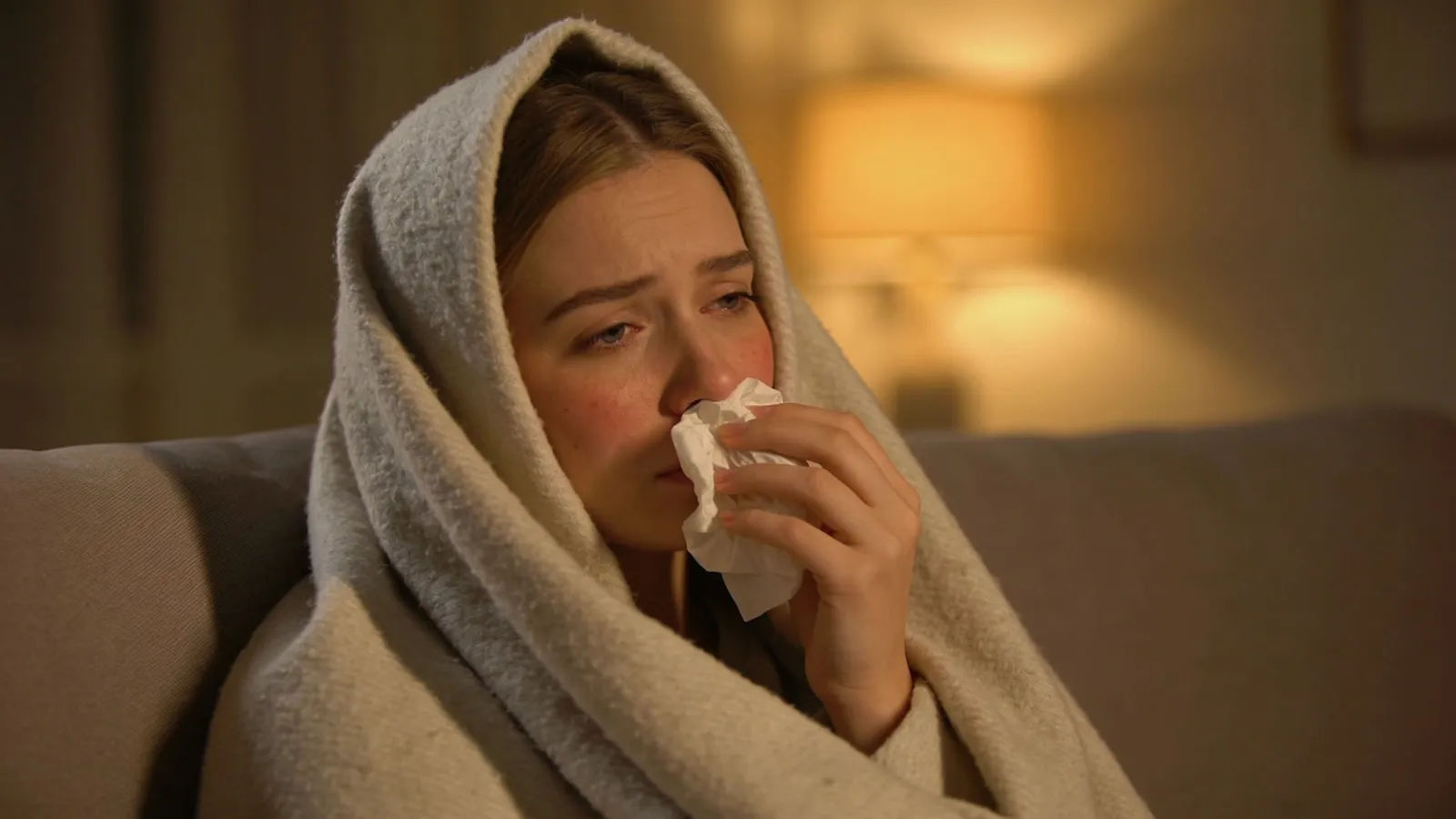 Weary blanket-wrapped person with a cold